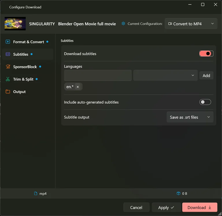 The Subtitles section of the Configure Download window, with subtitles switched on, a language tag and the subtitle output drop-down.