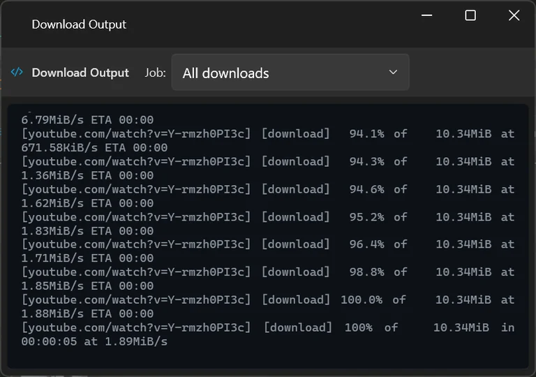 The download output window showing progress lines reported by the download engine.