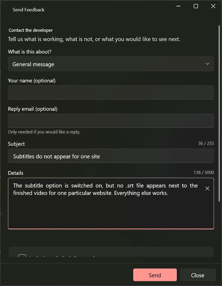 The Send Feedback window with a category, a subject and a details box filled in.