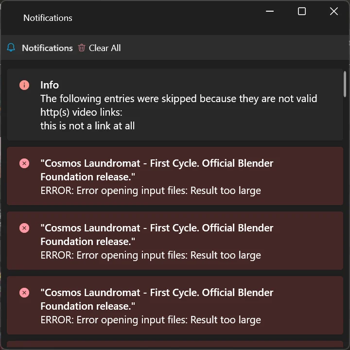 The notifications window listing an information message and three error messages.