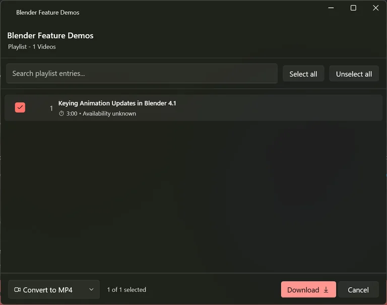 The playlist window listing the episodes of a playlist with tick boxes, a search field and select-all buttons.