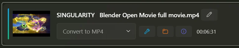 Close-up of a single row: thumbnail, file name, format drop-down, four small buttons and the video length.