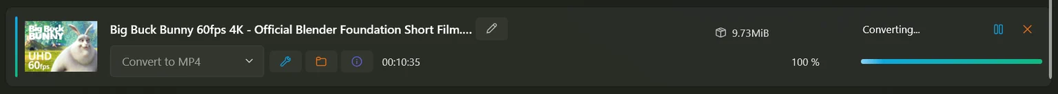 A row reading Converting with a full progress bar, after the download itself has finished.
