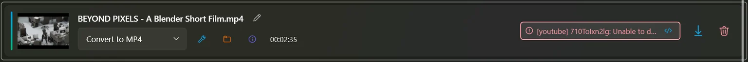 A failed row with a red error badge quoting the reason, a show-log button and a retry button.