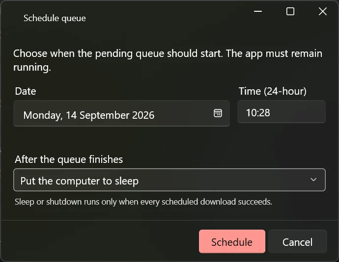 The Schedule queue window with a date, a time, and an after-the-queue-finishes drop-down set to put the computer to sleep.