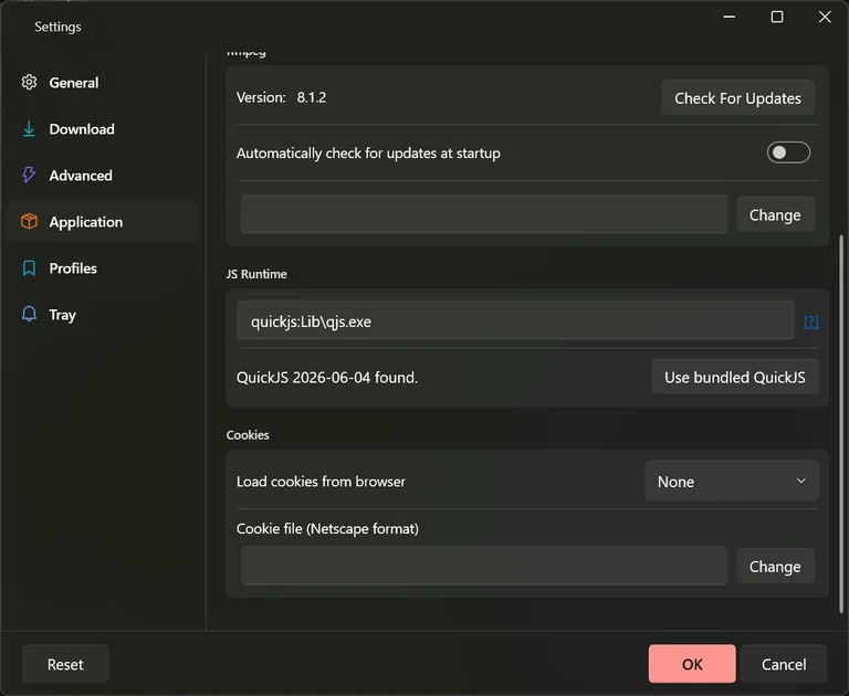 The Cookies section of the Application tab, with a drop-down to load cookies from a browser and a cookie file picker underneath.