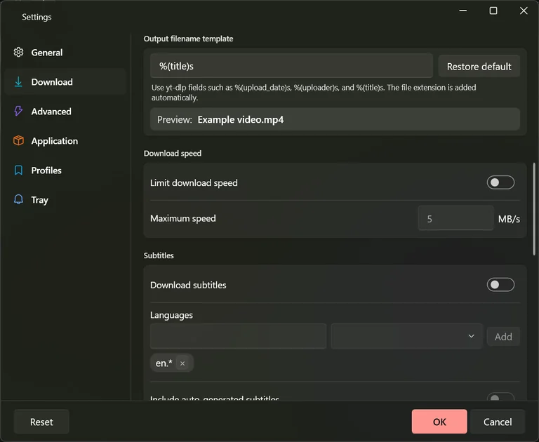 The output filename template box in Settings with a restore-default button, a hint about the available fields and a live preview of the resulting name.