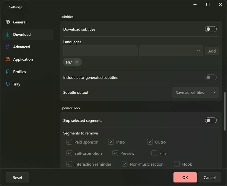 The Settings Download tab scrolled to the Subtitles section, with Download subtitles on, a language tag, the auto-generated switch and the subtitle output drop-down.