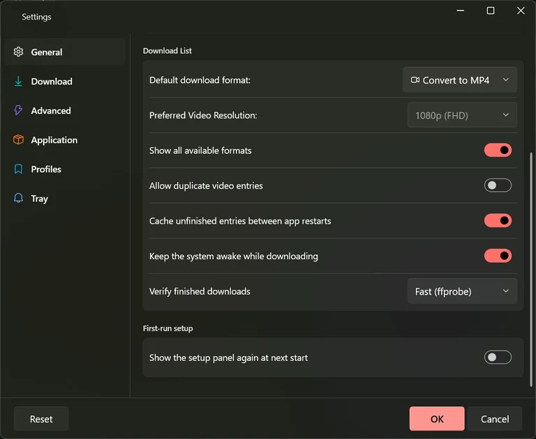 The lower half of the Settings General tab showing the verify finished downloads drop-down and the show-setup-panel-again switch.