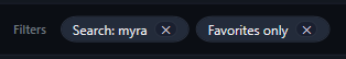 The Filters row with the chips Search: myra and Favorites only, each with a close button.